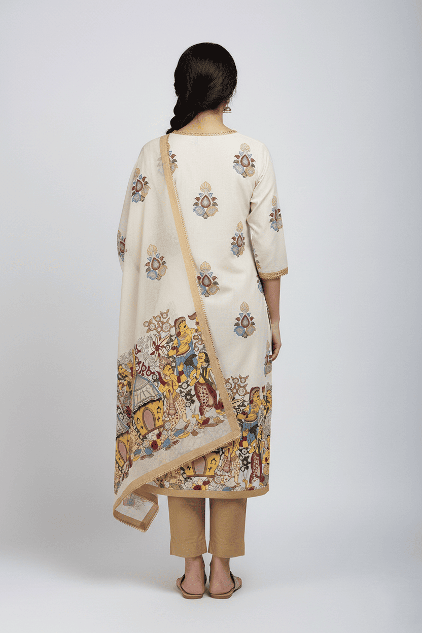 Elegant Cream Printed Kurta Set with Dupatta - Image 2