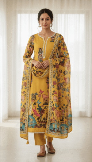 Royal Mustard Printed Kurta Set with Dupatta for Women