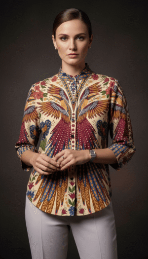 Women’s Artistic Bird Print Mandarin Collar Top