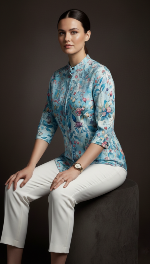 Women’s Elegant Botanical Print Mandarin Collar Top