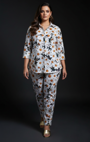 Monochrome Daisy Floral Printed Co-Ord Set for Women