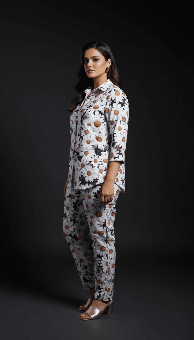 Monochrome Daisy Floral Printed Co-Ord Set for Women - Image 2