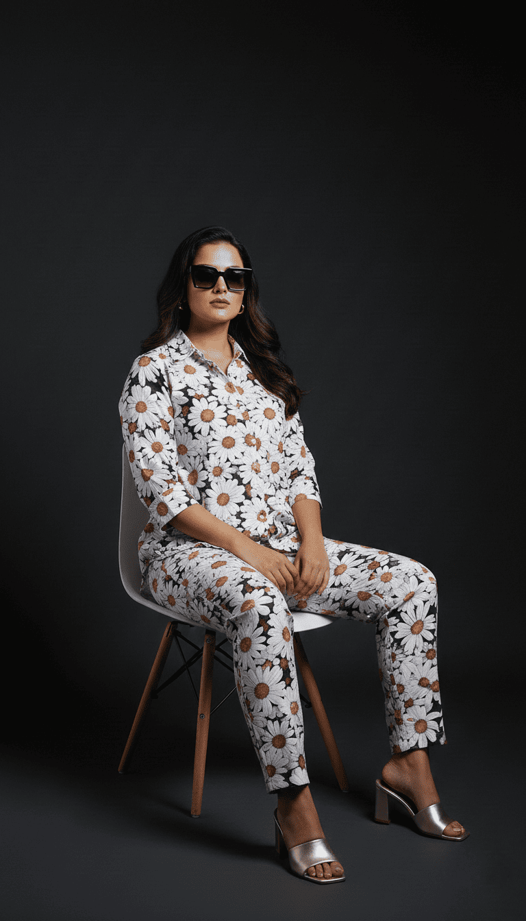 Monochrome Daisy Floral Printed Co-Ord Set for Women - Image 4