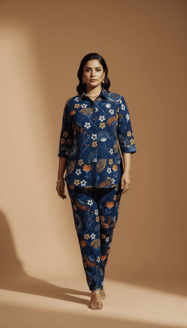 Midnight Blue Artistic Floral Co-Ord Set for Women