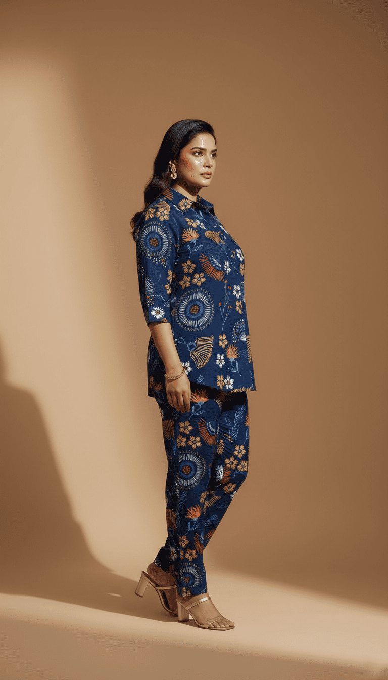 Midnight Blue Artistic Floral Co-Ord Set for Women