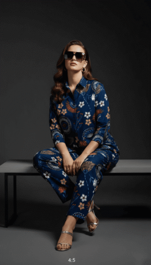 Midnight Blue Artistic Floral Co-Ord Set for Women
