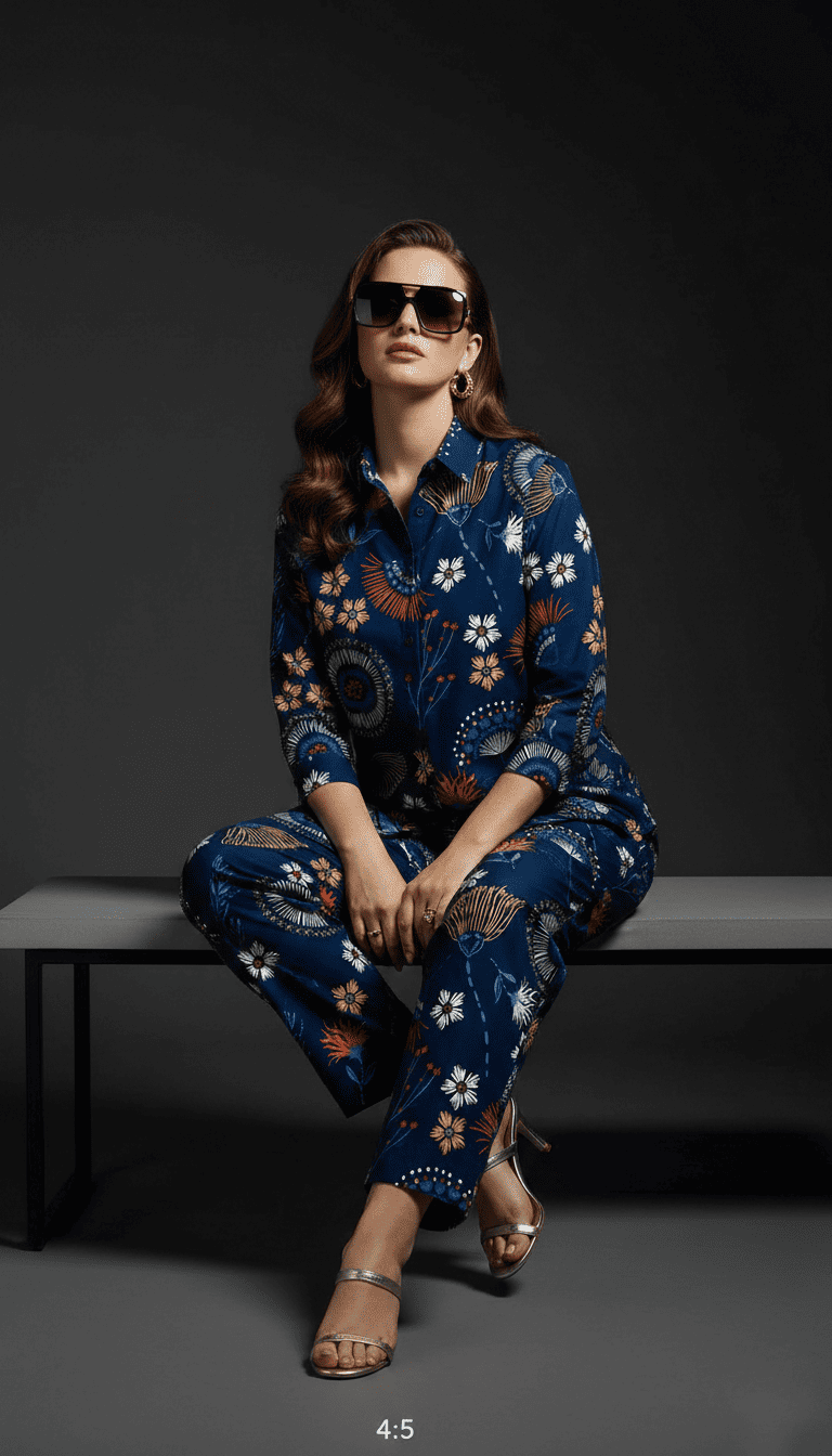 Midnight Blue Artistic Floral Co-Ord Set for Women