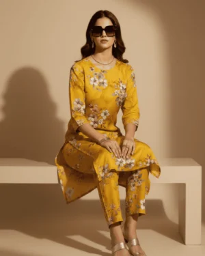 Mustard Floral Print Kurta Pant Set